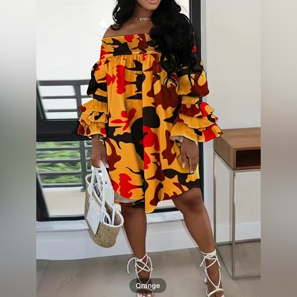 Plus Abstract Print Shirred Off Shoulder Layered Sleeve Slight Stretch D… - Picture 3 of 11